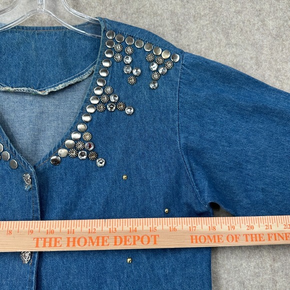 VTG Womens Studded Maxi Denim Dress Sz‎ LARGE Heart Buttons Long Sleeve V-Neck - Picture 9 of 11